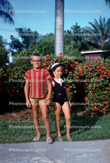 Brother and Sister, Boy, Girl, swimsuit, backyard, 1950s