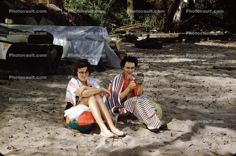 Women on the Beach, sand, movie camera, 1950s