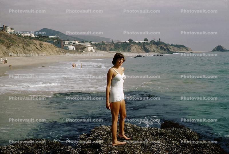 One Piece Bathingsuit, beach, woman, 1950s