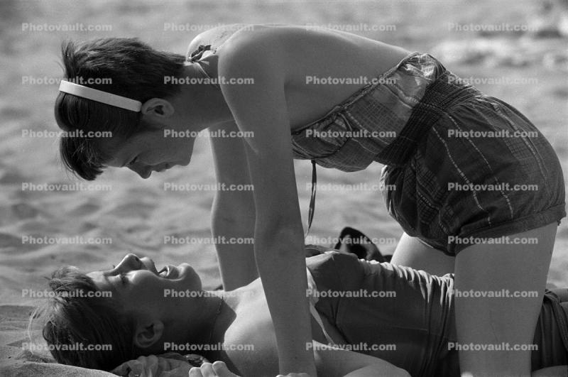 Girls having fun, Swimsuit, smiles, beach, 1950s