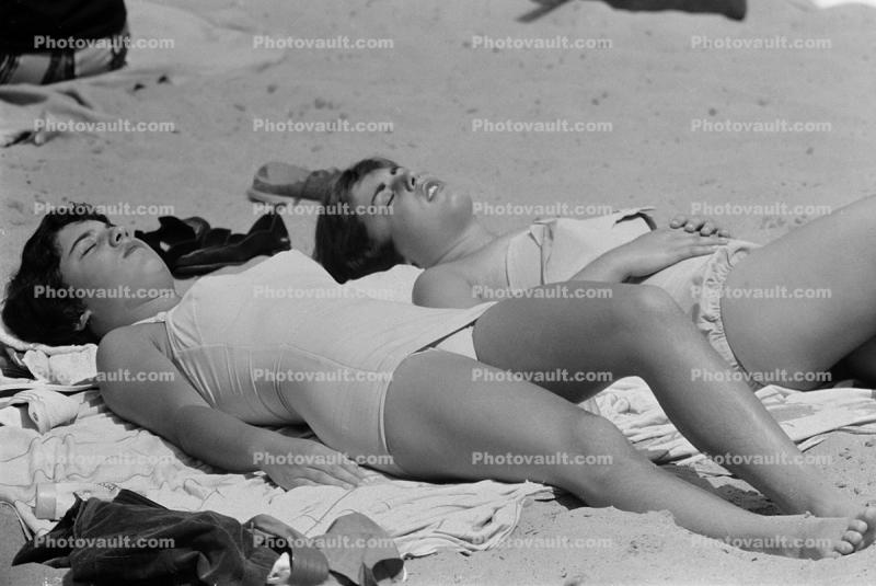 Sun Worshippers, Women baking in the Sun, Beach, Towels,  1950s
