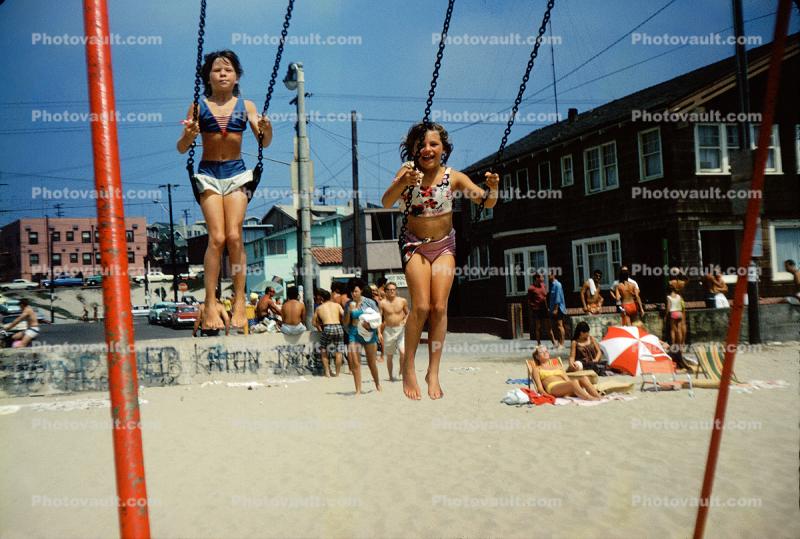 Girls on a Swing, Swingset, beach, 1950s