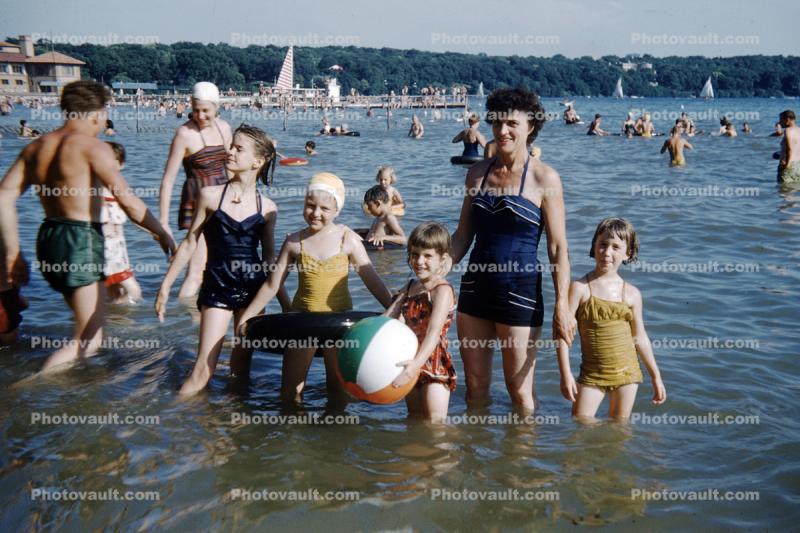 group, family, mother, girls, bathing cap, lake, 1950s
