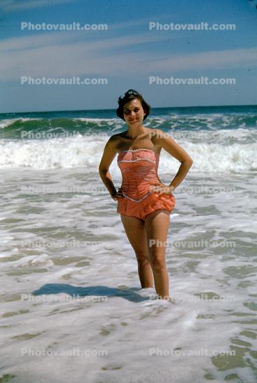 Lady Standing in the Surf, foam, swimsuit, 1950s