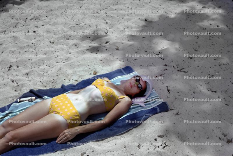 Bikini Lady with Tan Lines, Beach, towel, 1960s