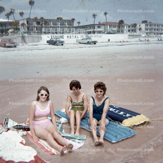 Ladies on the Beach, Raft, Cars, 1960s