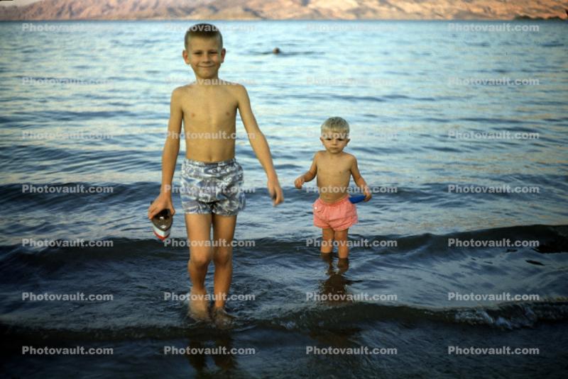 Two Boys on the Beach, shore, Brothers, 1950s