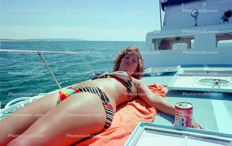 Woman Sun Worshipper, Bikini, Boat, Tab Soft Drink, 1960s