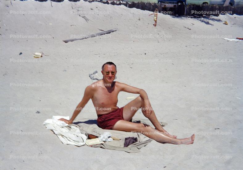 Skinny Man with Sunburn, Trunks, Beach, 1950s