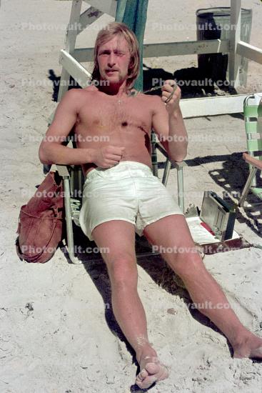 Man with Sunburn, Trunks, Beach, 1960s