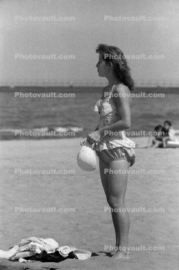 Woman on a Beach, bathing suit, one piced, 1950s