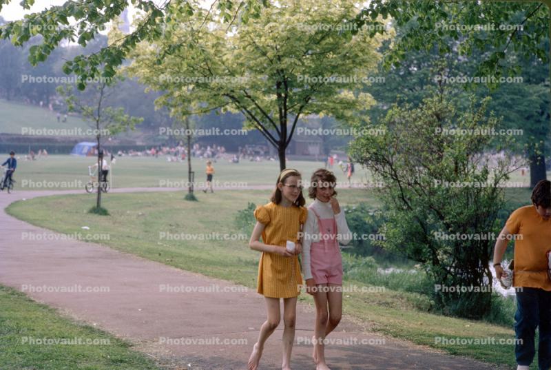 Two Girls on a Walk in the Park, Path, trees, lawn