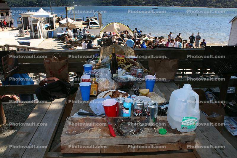Picnic Table, Cans, Bottles, drinks, food, Tomales Bay, Marin County, California