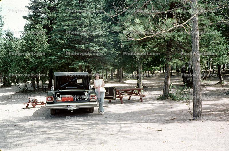 Woman at a 1965 Ford Galaxy Car, Picnic Tables, Trunk, 1960s