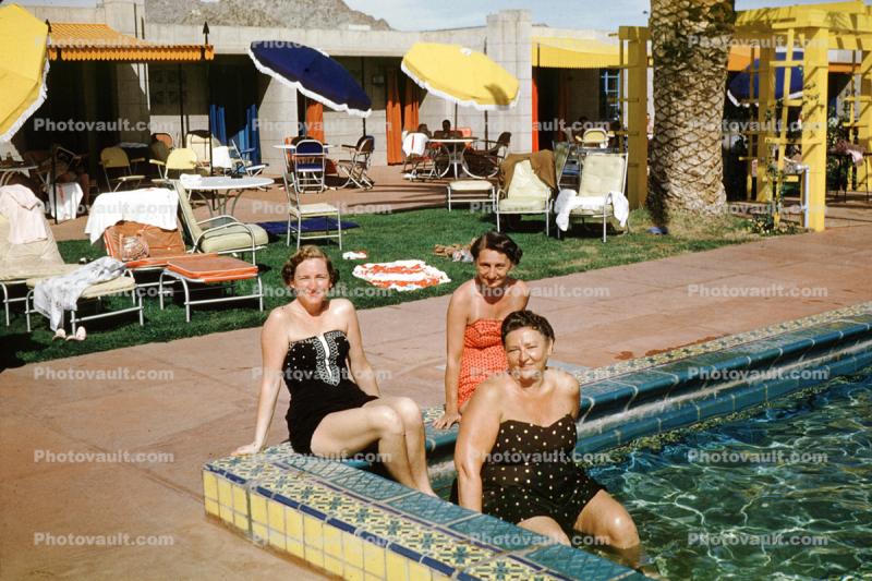 Pool, poolside, women, Mrs Downs Lyons, 1956, 1950s
