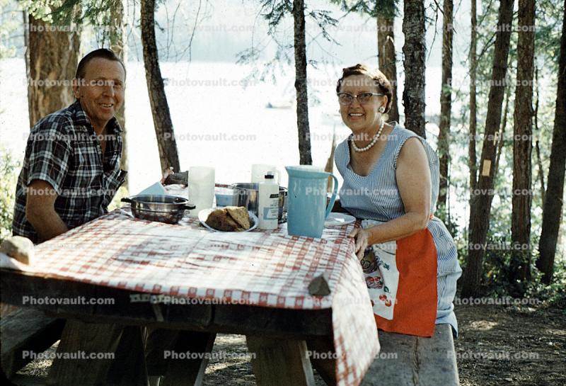 Woman, Man, Lakeside, Table, Smiles, Necklace, Pitcher, Setting, Tablecloth, 1950s