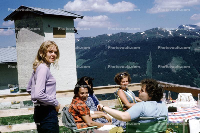 Tower, Women, Females, Smiles, Mountains, 1960s