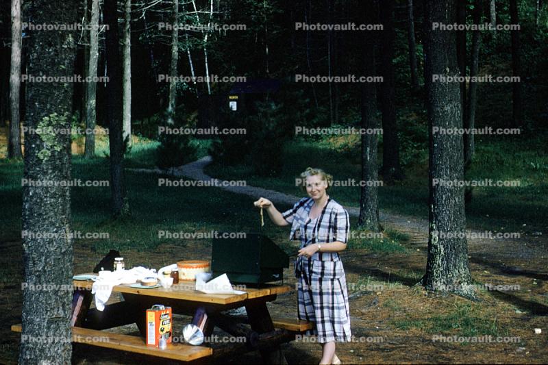 Woman, Forest, Picnic Table, 1950s