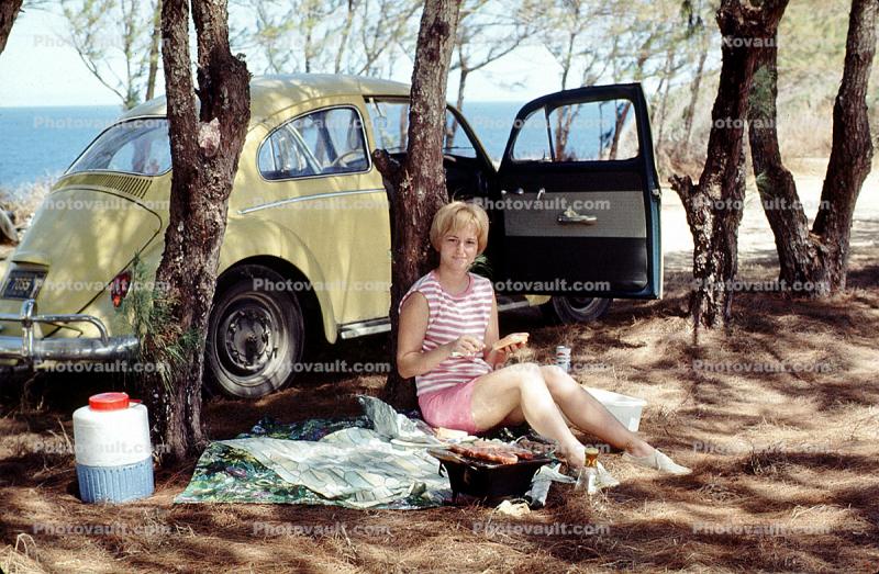 Volkswagen, Woman, Roadside, Summertime, car, automobile, vehicle, 1960s