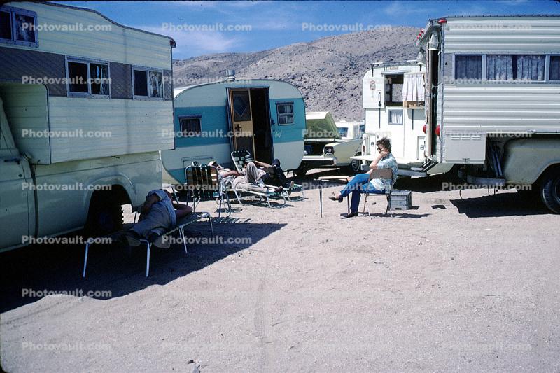 Trailer, campers, pickup trucks, desert, cars, automobiles, vehicles, April 1967, 1960s