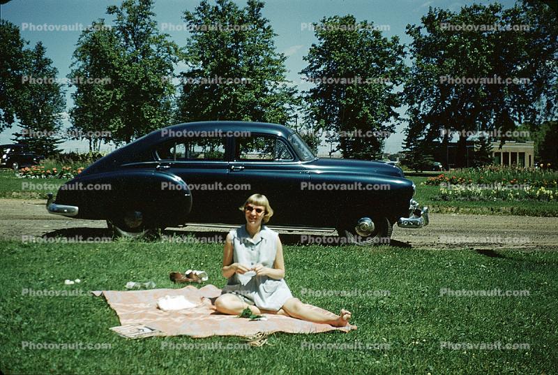 Lady at a Roadside Picnic, 1949 Chevrolet Fleetline, 1940s