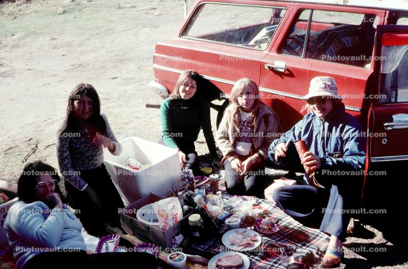 Picnic on the side of the road, girls, car, station wagon, 1960s