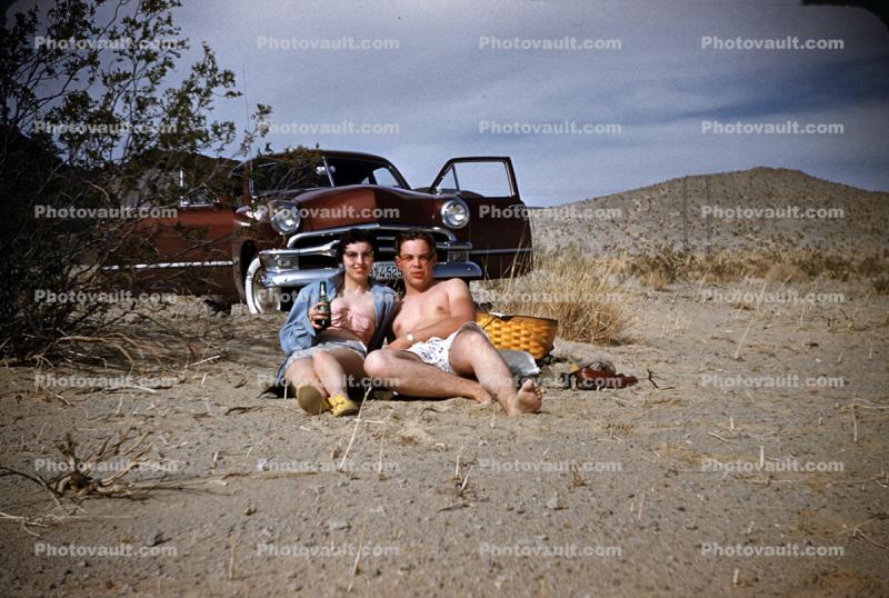 Couple at a Roadside Picnic, Ford Car, 1950s