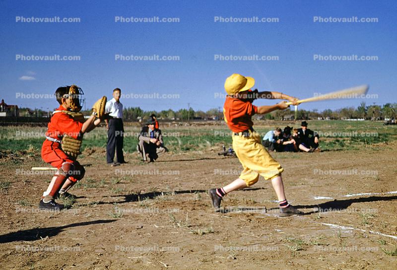 Batter Batting a Ball, Catcher, Boys, 1940s