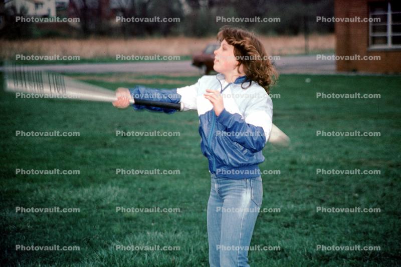 Girl, Woman, Bat, Jeans, Jacket, 1980s