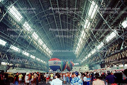 Hot Air Balloons inside the Dirigible Airship Hangar, Moffett Field, People, Crowds
