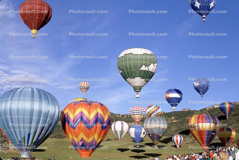 A Gathering of Balloons in the Morning, Rocky Mountains, Snowmass Hot Air Balloon Festival, Aspen, 12, July 1986