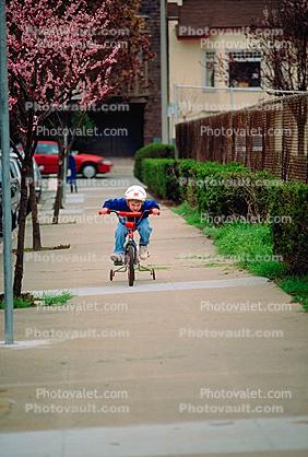 Helmets, training wheels, Boy on a Bike, sidewalk