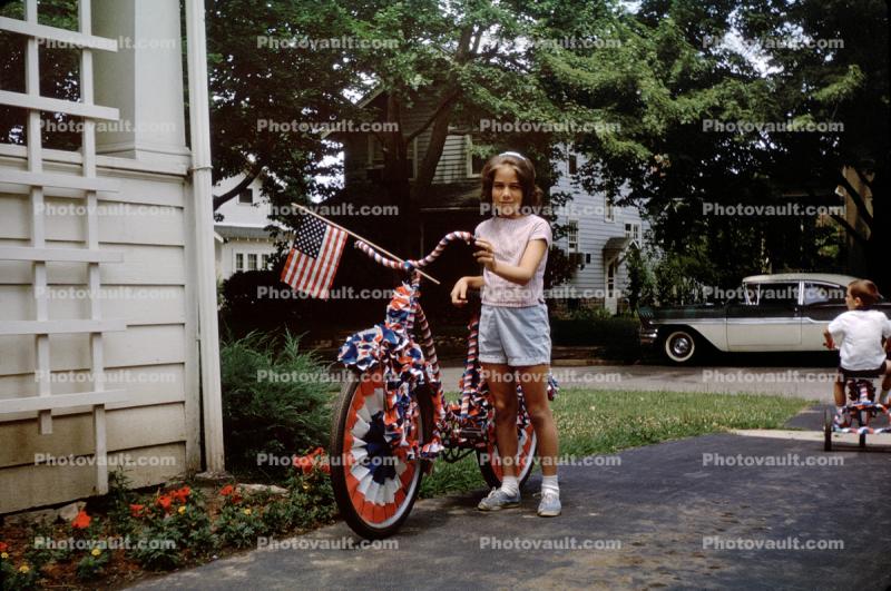 Girl and her Patriotic Bicycle, Driveway, car, July 4 1965, 1960s