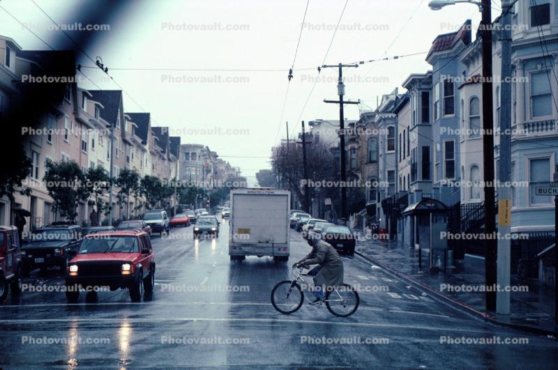 Rainy Road, Crosswalk, Cars, homes, houses, Bicyclist, riding