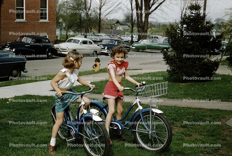 Neighborhood Kids on their Bicycles, Suburbia, Cars, Girls, Basket, 1950s