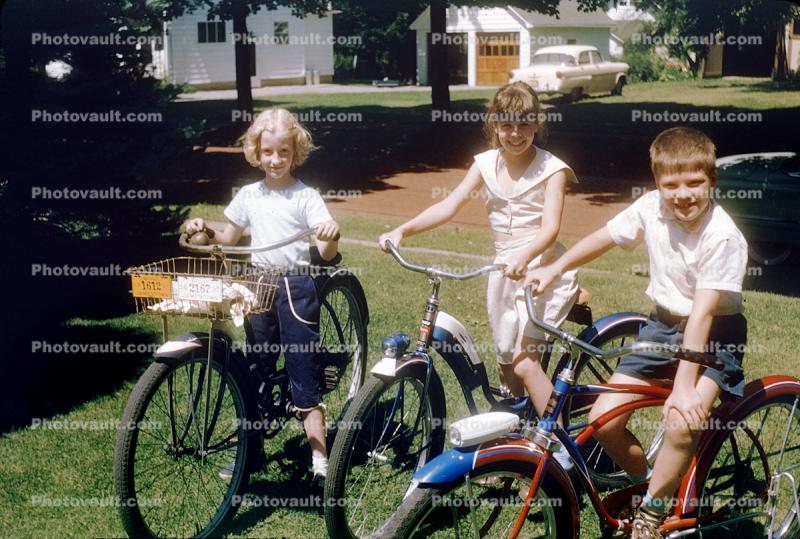 Neighborhood Kids on their Bicycles, Suburbia, Ford Car, Girls, Boy, Smiles, 1950s