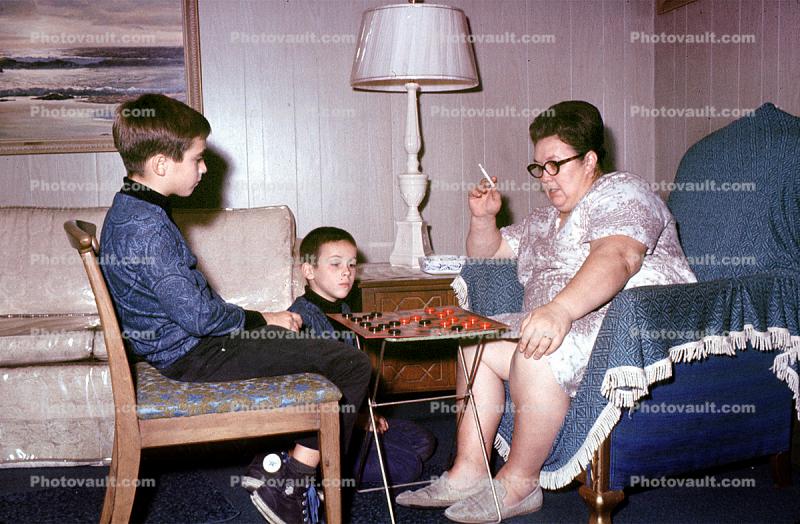 Checkers, Smoking, Lamp, Chair, Sofa Covered in Plastic, 1960s