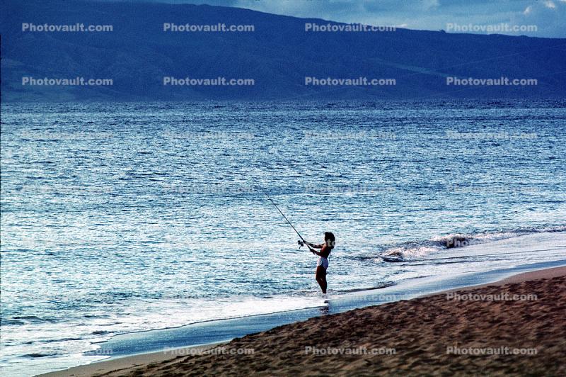 woman, female, ocean, sand, sandy, beach, fishing pole, rod and reel