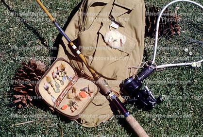 Bait and Tackle, Net, Fishing Pole, Pinecone, Hooks, Fishing Vest, lure, fly