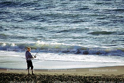 fishermen, man, rod & reel, Waves, Rod and Reel, fish pole, sand, Baker Beach, Pacific Ocean, Ocean-Beach