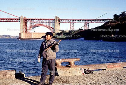 Golden Gate Bridge, fishermen, man, rod & reel