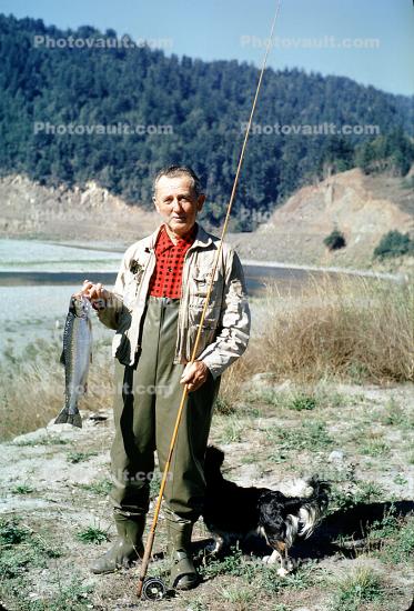 Steelhead Trout, waterproof fishing pants, waders, fishermen, man, rod & reel, catch, Rouge River, Oregon, 1966, 1960s