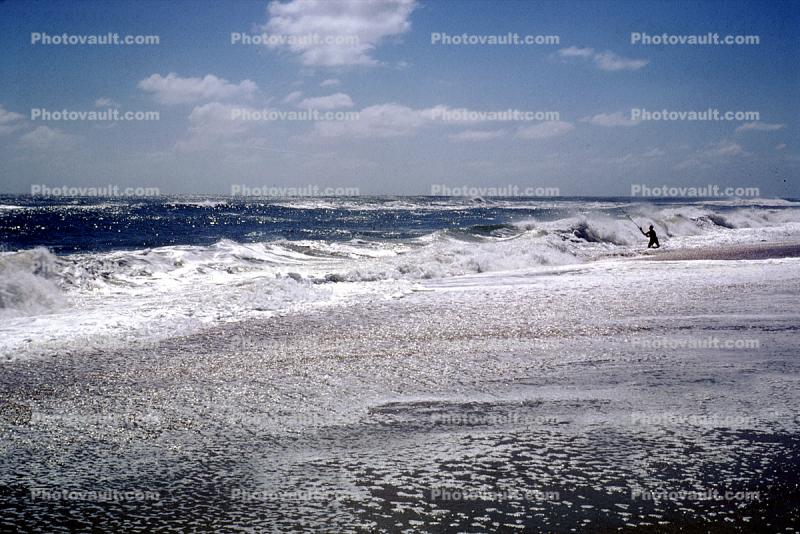 surf fishing, ocean, water, waves, Cape Hatteras, Outer Banks, North Carolina, 1967, 1960s