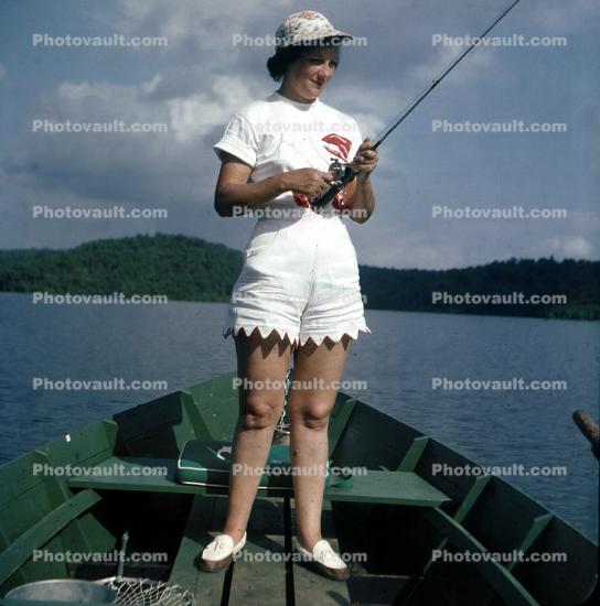 Woman, Boat, Rod and Reel, Fishing Pole, fancy pants, legs, knees