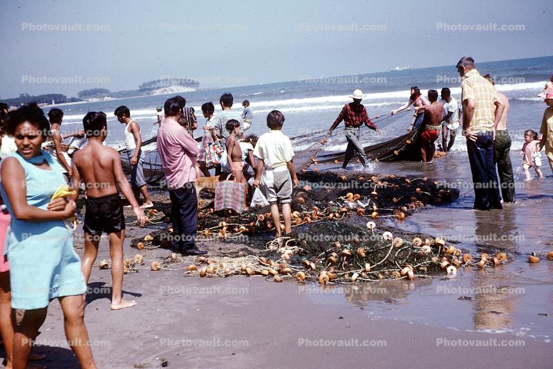 Beach, Sand, Waves, Ocean, nets, Mexico, 1974, 1970s