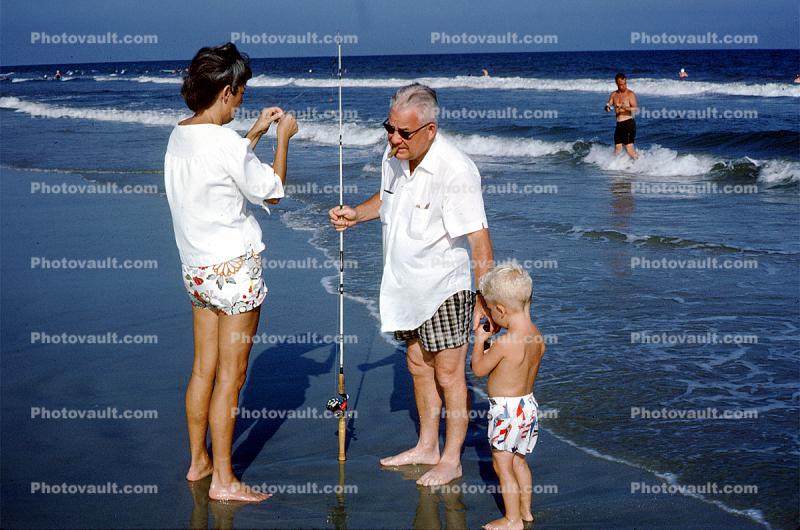 Atlantic, Ocean, Waves, fisherman, boy, man, woman, barefeet, Myrtle Beach, 1962, 1960s
