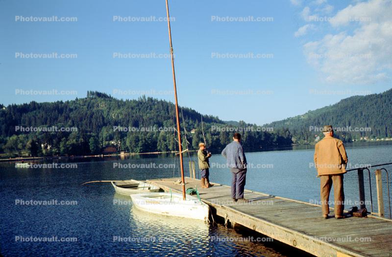 Lake, Water, Mountains, forest, dock, boat, 1963, 1960s