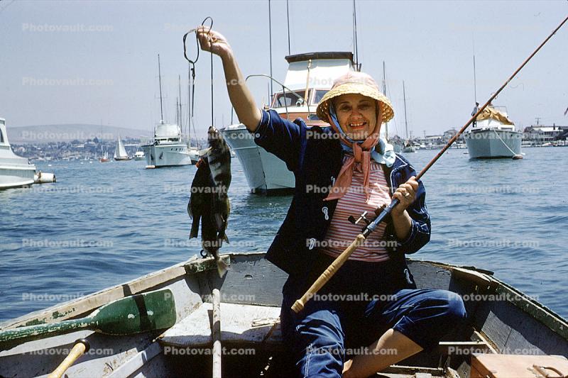 rowboat, lady, fish, bay, Fish Catch, smiles, harbor, 1961, 1960s