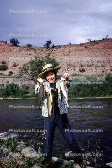 Fish Catch, woman, smiles, hat, Colorado, 1967, 1960s