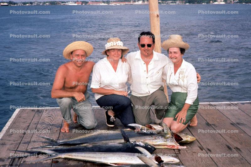 fish catch, man, male, fisherman, women, hats, 1964, 1960s